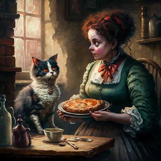 Mrs. Lovett offers a meat pie to a suspicious cat --v 4
