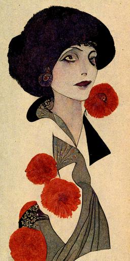 Ms Brooks, the wild flapper, with her big violet eyes and red rosebud lips, and a whole lot of dangerous, holding and looking into her mirror, illustrated in the style of koloman moser --ar 2:4 --v 3