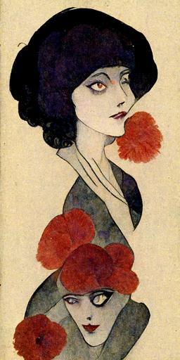 Ms Brooks, the wild flapper, with her big violet eyes and red rosebud lips, and a whole lot of dangerous, holding and looking into her mirror, illustrated in the style of koloman moser --ar 2:4 --v 3