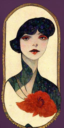 Ms Brooks, the wild flapper, with her big violet eyes and red rosebud lips, and a whole lot of dangerous, holding and looking into her mirror,  illustrated in the style of koloman moser --ar 2:4  --v 3