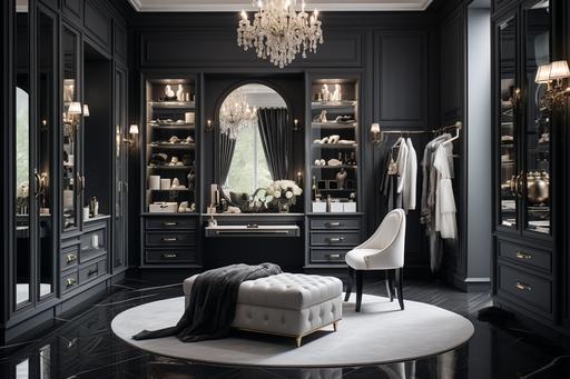 Ms cloakroom, black and white and gray tone, contracted style, wardrobe, full - length mirror, jewelry cabinets, dressing table --ar 3:2 --stylize 250 --v 5.2