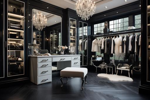 Ms cloakroom, black and white and gray tone, contracted style, wardrobe, full - length mirror, jewelry cabinets, dressing table --ar 3:2 --stylize 250 --v 5.2