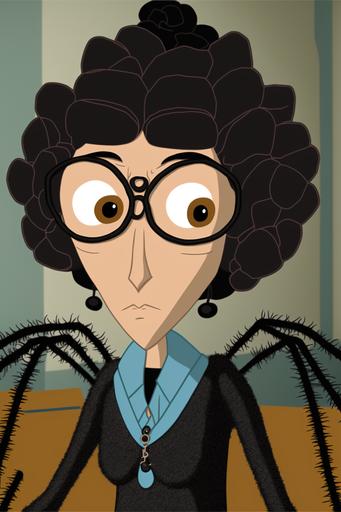 Ms. Cornfield is a 35 year old female teacher with curly black hair with knitting needles, wearing glasses, dressed in long black robe, having her spirit animal a black tarantula spider on her shoulder, background classroom --ar 2:3 --v 4 --uplight