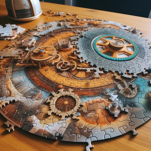 a large puzzle of crop circles with some puzzle pieces missing, the puzzle is being assembled by bright orange cranes and steampunk machinery with complex gears visible