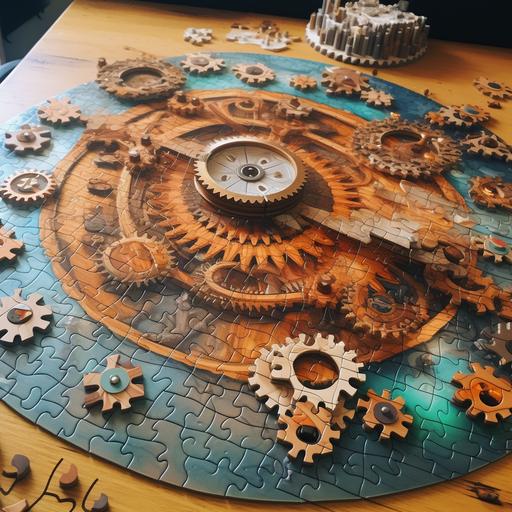 a large puzzle of crop circles with some puzzle pieces missing, the puzzle is being assembled by bright orange cranes and steampunk machinery with complex gears visible