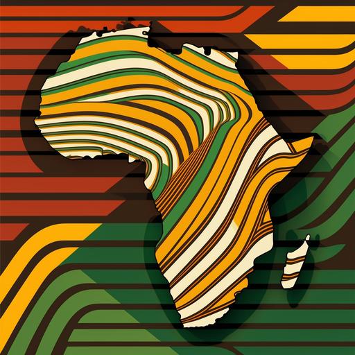 Africa map, outlined with thin white line, Kente cloth background, Roy Lichtenstein style