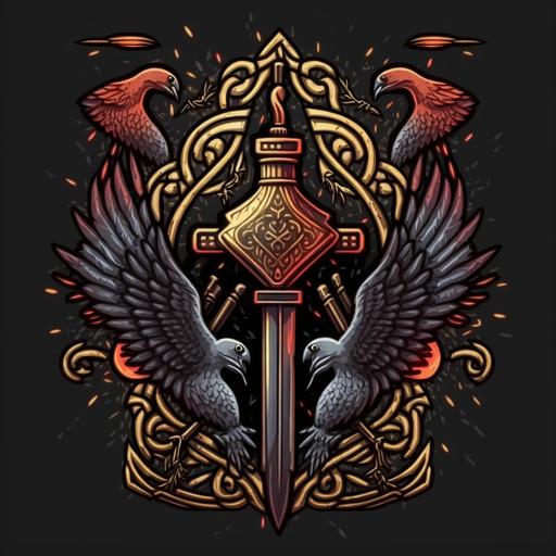 intricate sword ravens icon, fantasy badge, fire emblem, black background --v 4 --v 4