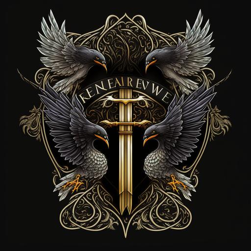intricate sword ravens icon, fantasy badge, fire emblem, black background --v 4 --v 4