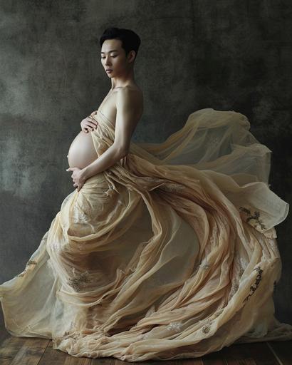 Muist haute couture pregnant Korean male model --v 6.0 --style raw --ar 8:10