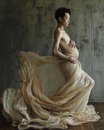 Muist haute couture pregnant Korean male model --v 6.0 --style raw --ar 8:10