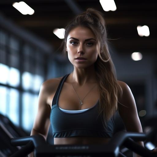 Mujer modelo fitness en un gimnasio profesional como fondo ,luz cinematografica realista ultra HD, ar 3:2