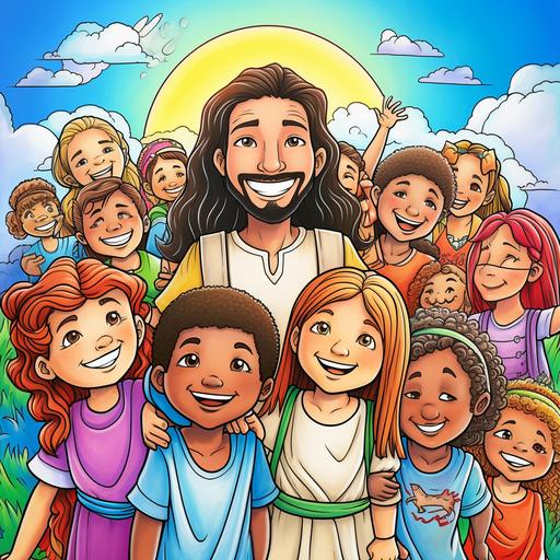Multicultural kids, Coloring art, crayons coloring, happinesses, bible history, jesus christ cartoon style, fantasy, outline art, bold lines, low detail, very simple, bright