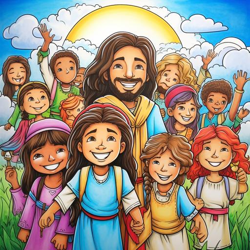 Multicultural kids, Coloring art, crayons coloring, happinesses, bible history, jesus christ cartoon style, fantasy, outline art, bold lines, low detail, very simple, bright