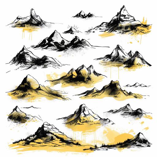 Multiple montain view expressions. 100% white background. Ralph Steadman Style. Simple. Custom option rsteadman_yellow set to Ralph Steadman style Hand-drawn style with minimalism lack of details. vector file. watercolor, black ink fountain pen hand-drawn mid-weight outlines, white background, rough, front view. black dual color press printing effect.