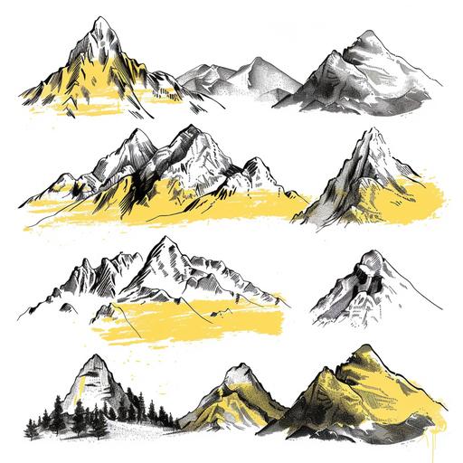 Multiple montain view expressions. 100% white background. Ralph Steadman Style. Simple. Custom option rsteadman_yellow set to Ralph Steadman style Hand-drawn style with minimalism lack of details. vector file. watercolor, black ink fountain pen hand-drawn mid-weight outlines, white background, rough, front view. black dual color press printing effect.
