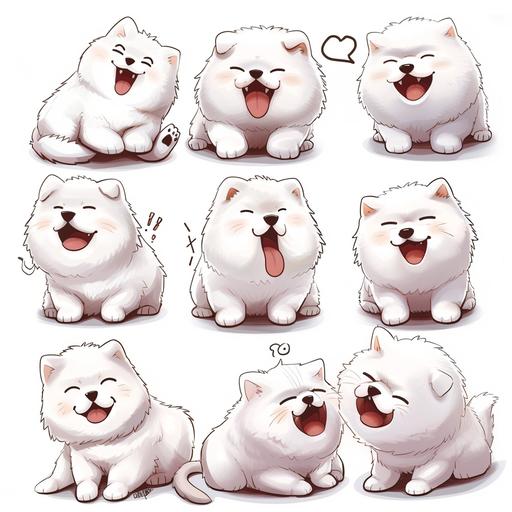 Multiple postures and expressions of a chubby and greedy Samoyed dog and a lazy and charming kitten, with emoticons and stickers, happy, arguing, cute, lazy, charming, hugging, kissing, 48 in each group, in Yue Xiaofei's style, bold comic lines, close-up to enhance intensity, embroidery, white background，8k