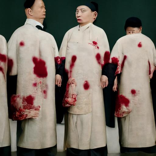Zhang Xiaogang‘s extended family no.17、Zhang Xiaogang style、Hans Holbein、The Ambassadors、bloody knife、black pigs、cinematic lighting