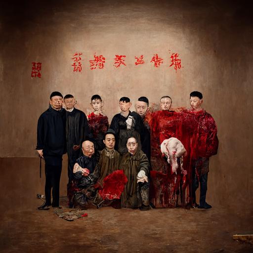 Zhang Xiaogang‘s extended family no.17、Zhang Xiaogang style、Hans Holbein、The Ambassadors、bloody knife、black pigs、cinematic lighting