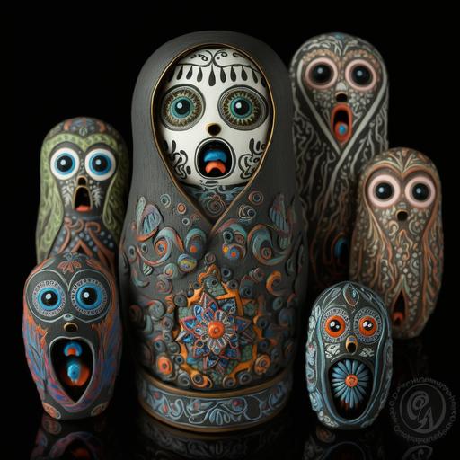 Munch's Scream as mixed media matrioshka doll set, detailed, 3D, HD, layered, textured, outsider art, weirdo noir, dead flowers, ivory buttons, treebark, pipe cleaners, moth wings, magic markers, glitter punk, dark colors, dramatic lighting, chiaroscuro rich colors, surreal, gothic - - uplight - - c 50 - - s 1000 - - upbeta