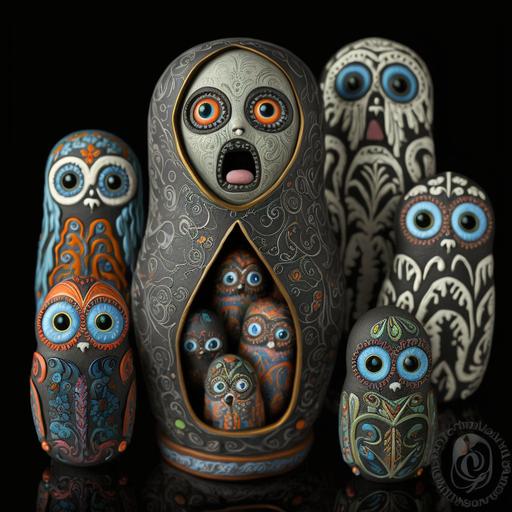 Munch's Scream as mixed media matrioshka doll set, detailed, 3D, HD, layered, textured, outsider art, weirdo noir, dead flowers, ivory buttons, treebark, pipe cleaners, moth wings, magic markers, glitter punk, dark colors, dramatic lighting, chiaroscuro rich colors, surreal, gothic - - uplight - - c 50 - - s 1000 - - upbeta