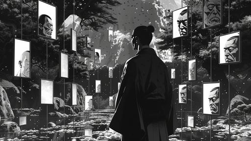 Musashi in a Garden of Mirrors: Musashi standing in a reflective garden of mirrors, each reflecting a different human expression, suggesting introspection and the understanding of multiple perspectives, vagabond manga style --ar 16:9 --v 6.0