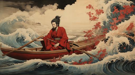 Musashi in a boat, metaphorically representing his journey through life --ar 16:9