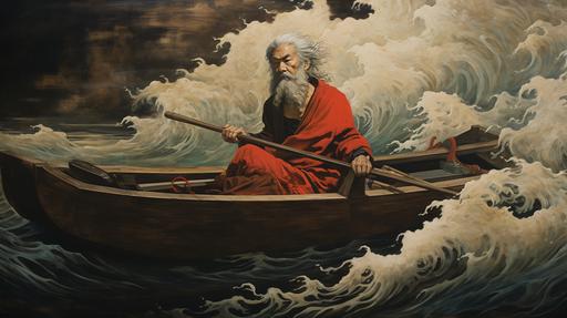 Musashi in a boat, metaphorically representing his journey through life --ar 16:9