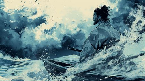 Musashi on a boat, metaphorically illustrating the journey through life's turbulent waters, Vagabond manga style --ar 16:9 --v 6.0
