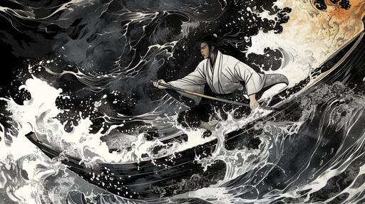 Musashi on a boat, metaphorically illustrating the journey through life's turbulent waters, Vagabond manga style --ar 16:9 --v 6.0