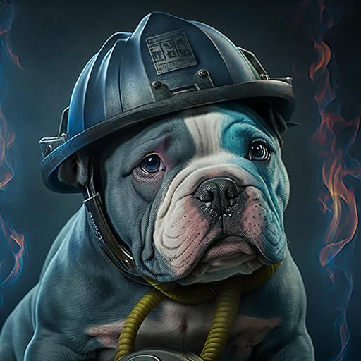 Muscels American Pocket bully Puppy dog all blue colour dog, with a firemans helmet front facing, background fire engine fire hosepipes, realistic,hd 24
