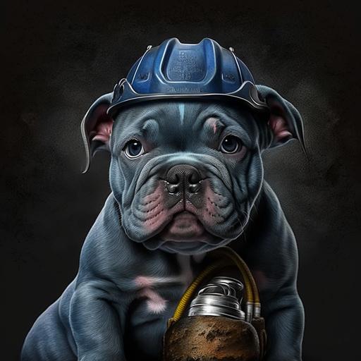 Muscels American Pocket bully Puppy dog all blue colour dog, with a firemans helmet front facing, background fire engine fire hosepipes, realistic,hd 24