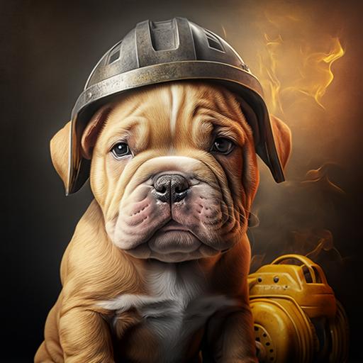 Muscels American Pocket bully Puppy dog all ginger colour dog, with a firemans helmet front facing, background fire engine fire hosepipes, realistic,hd 24