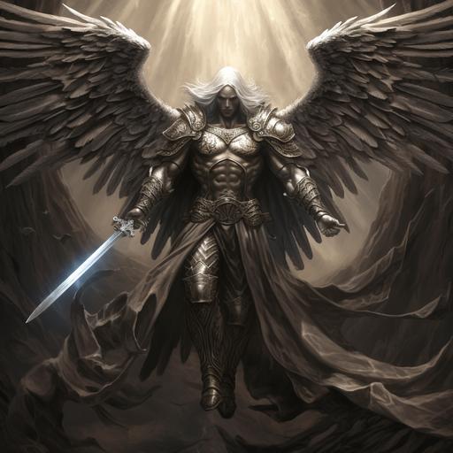 Muscular angel warrior hooded holding a sword with his hands while he ´s flying