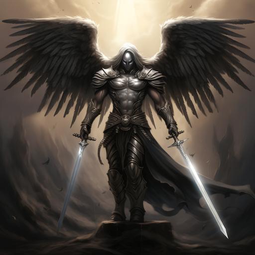 Muscular angel warrior hooded holding a sword with his hands while he ´s flying