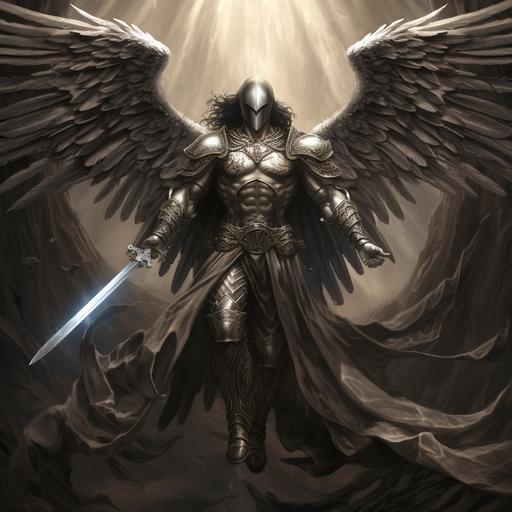 Muscular angel warrior hooded holding a sword with his hands while he ´s flying