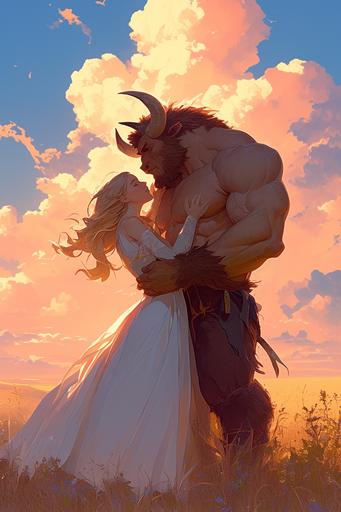 Muscular bison-man hybrid embracing blonde woman in white dress, prairie background, billowing thick clouds in the sky, sunset --ar 2:3 --niji 6