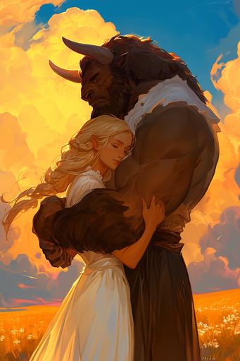 Muscular bison-man hybrid embracing blonde woman in white dress, prairie background, billowing thick clouds in the sky, sunset --ar 2:3 --niji 6