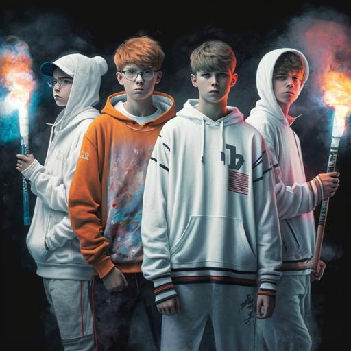 four teenage boys, one tall boy wearing a hoodie with gun in his hand, one boy with a tennis bat and jersey, one boy with rod in his hand and wearing a jacket, one boy wearing a glass with flame spray on his hand, 4k, all boys are white