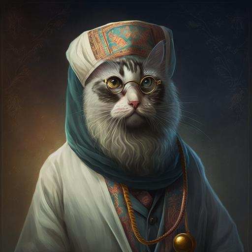 Muslim cat with a beard and a doctor's dress
