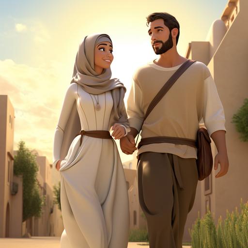 Muslim woman, pregnant, walking side by side with a man from the Holy Bible, in a small city Jerusalem, with several Romans, in the desert, Disney cartoon style, 3d