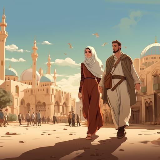 Muslim woman, pregnant, walking side by side with a man from the Holy Bible, in a small city Jerusalem, with several Romans, in the desert, Disney cartoon style, 3d