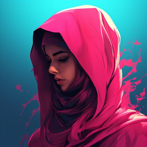 Muslim woman wearing a pink hood pulled down Cartoon style