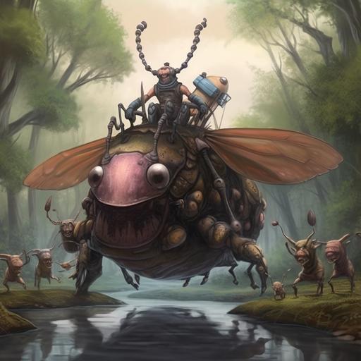 a hyper realistic cartoon human hybrid beetle having a fun adventure with his animal hybrid friends in a swamp with giant trees