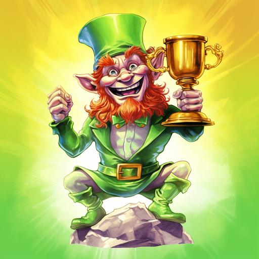 SURREAL cartoon leprechaun with a huge grin, painted in vibrant greens, against a rainbow and trophy of silver backdrop. Detailed watercolor, clip art, cartoon, 8k--ar 2:3 0 --q 2 --v 5.1