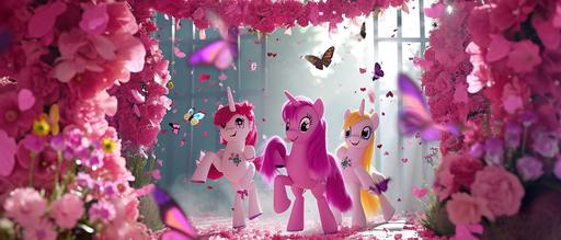 'My Little Pony' themed Pink colored fluffy Gantry covered in pink garlands, with three happy Ponies prancing across it, butterflies everywhere --ar 7:3 --style raw --s 20 --v 6.0