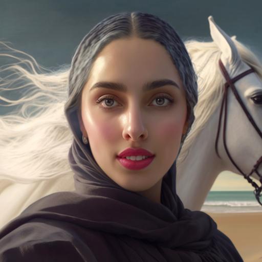 My girlfriend rides a white horse running on a beach, hyper detail, realistic 8k, --v 4