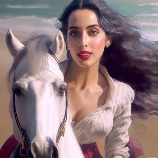 My girlfriend rides a white horse running on a beach, hyper detail, realistic 8k, --v 4