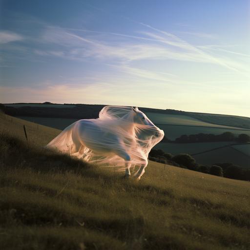 Mylar peeling away from brushed black horse in the South Downs, typical English sunset with a white chalk horse on hill far behind, long exposure digicam 25mm, f1.4 long exposure, in the style of 90s