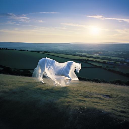 Mylar peeling away from brushed black horse in the South Downs, typical English sunset with a white chalk horse on hill far behind, long exposure digicam 25mm, f1.4 long exposure, in the style of 90s