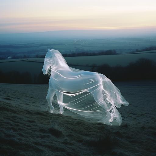 Mylar peeling away from brushed black horse in the South Downs, typical English sunset with a white chalk horse on hill far behind, long exposure digicam 25mm, f1.4 long exposure, in the style of 90s